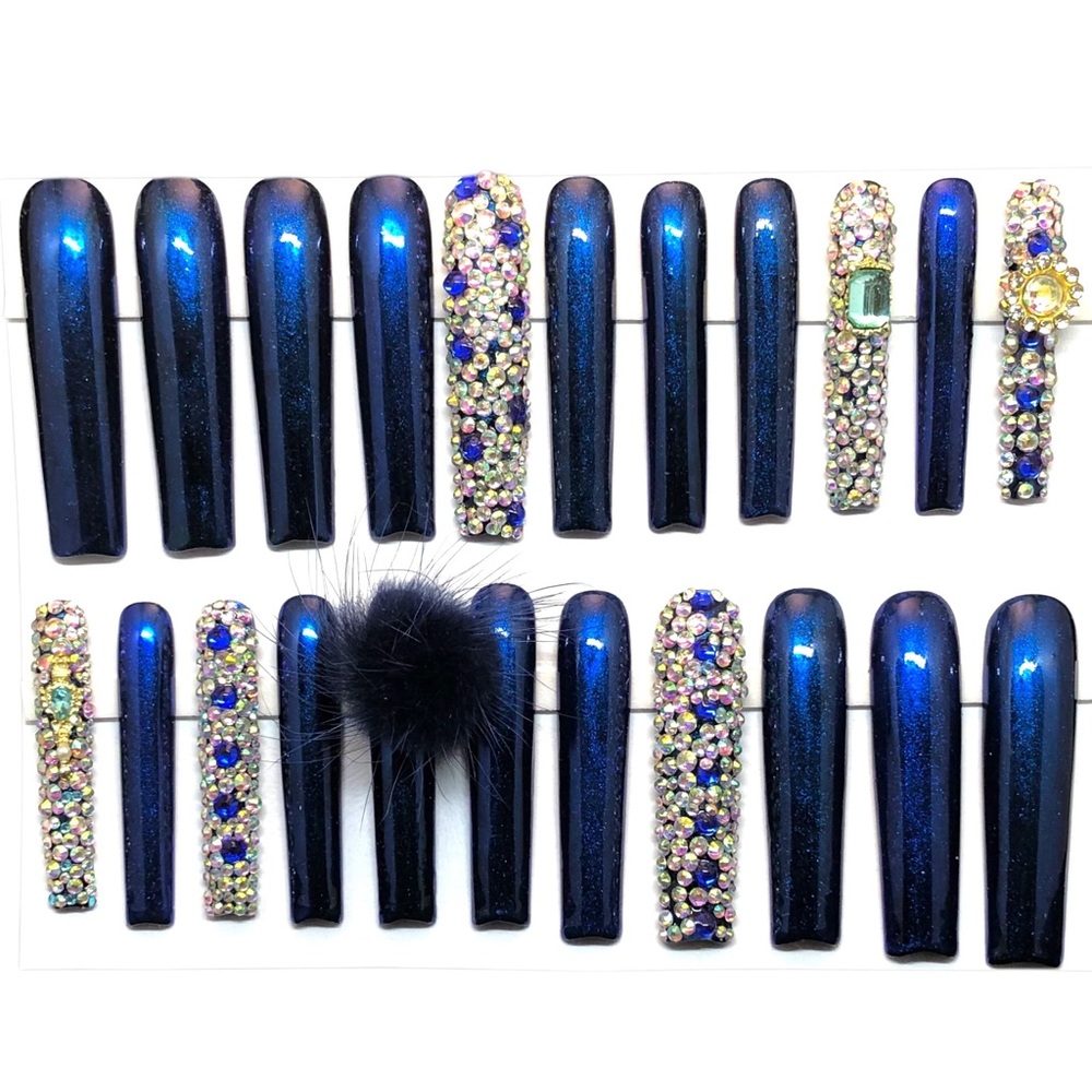 Press on Nails Custom Handmade 3X Long Square Bling Pompom Blue Metallic Nails